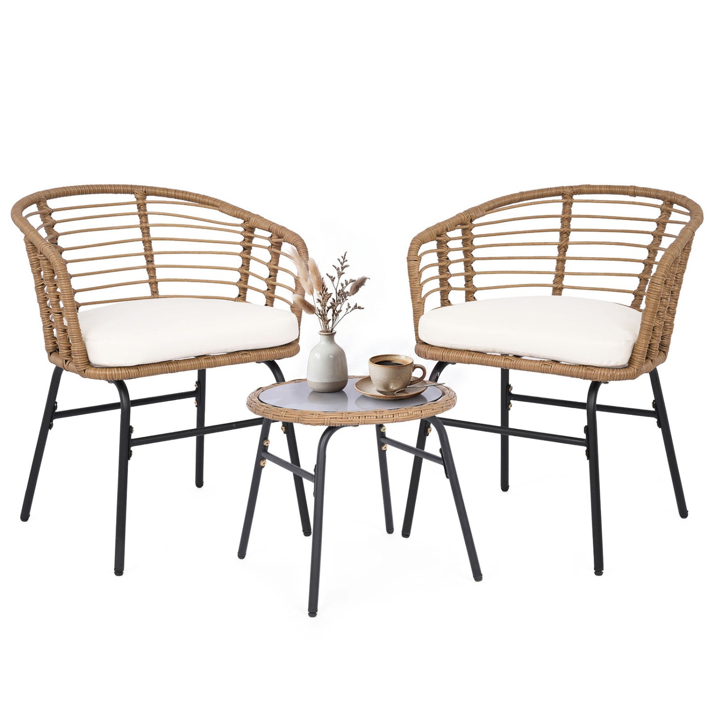 Three-piece outdoor patio furniture set with white cushions, including chairs and a table, by Wilsons Home Store.