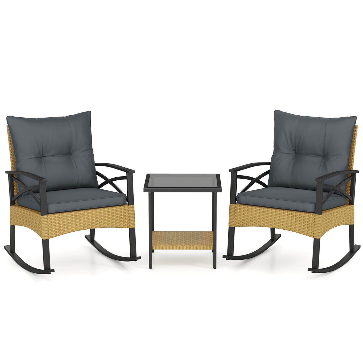 3 Pieces Outdoor Rattan Rocking Chairs Set with  2-Tier Side Table for Garden Backyard-Black