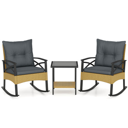 3 Pieces Outdoor Rattan Rocking Chairs Set with  2-Tier Side Table for Garden Backyard-Black