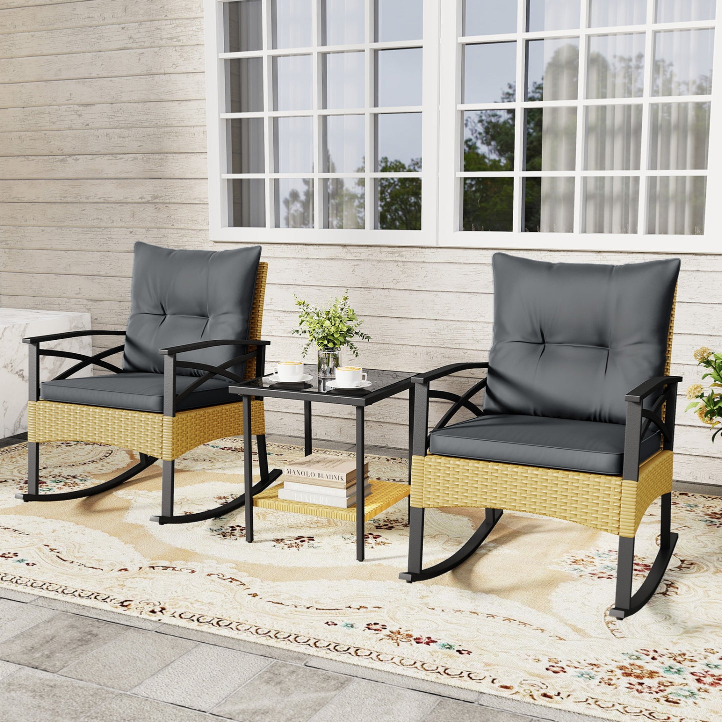 3 Pieces Outdoor Rattan Rocking Chairs Set with  2-Tier Side Table for Garden Backyard-Black