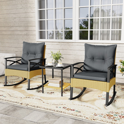 3 Pieces Outdoor Rattan Rocking Chairs Set with  2-Tier Side Table for Garden Backyard-Black