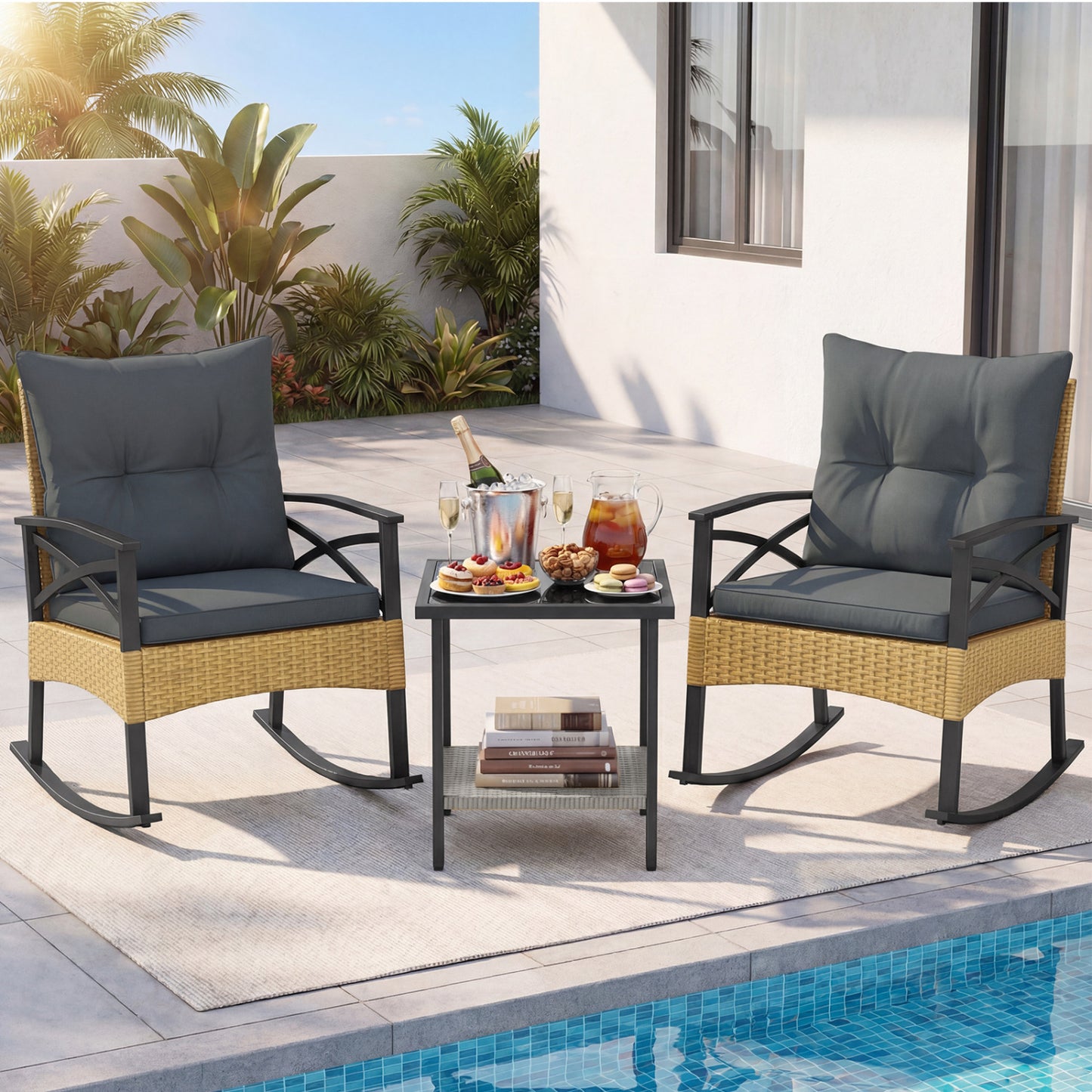 3 Pieces Outdoor Rattan Rocking Chairs Set with  2-Tier Side Table for Garden Backyard-Black