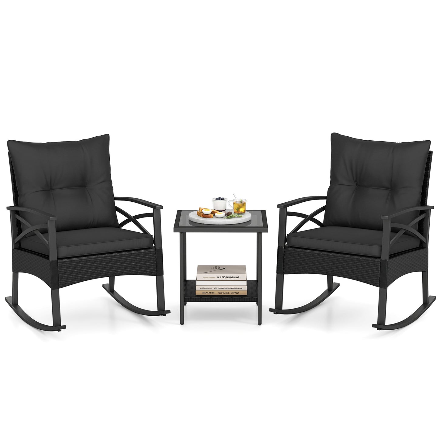 3 Pieces Outdoor Rattan Rocking Chairs Set with  2-Tier Side Table for Garden Backyard-Black