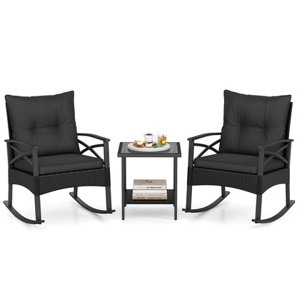 3 Pieces Outdoor Rattan Rocking Chairs Set with  2-Tier Side Table for Garden Backyard-Black