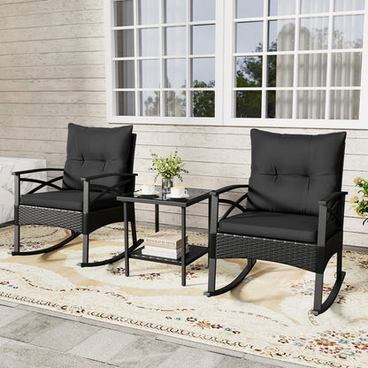 3 Pieces Outdoor Rattan Rocking Chairs Set with  2-Tier Side Table for Garden Backyard-Black