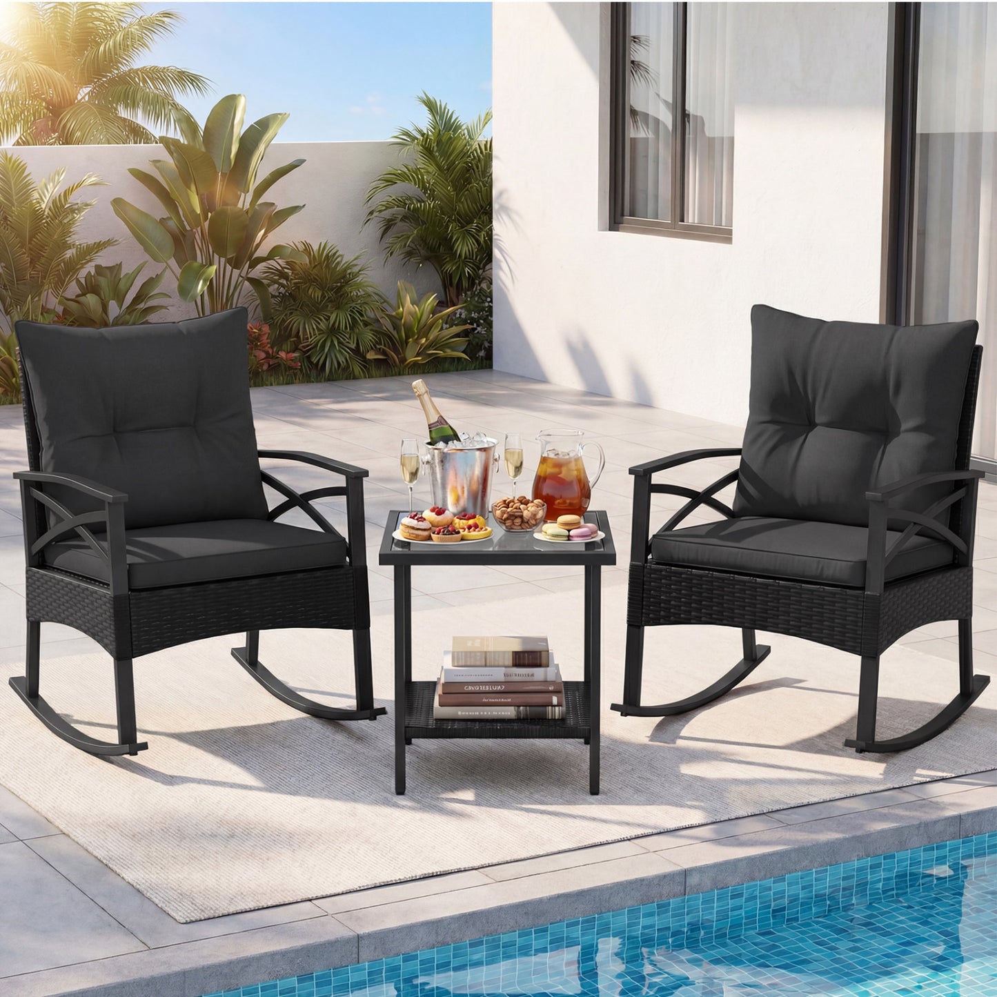 3 Pieces Outdoor Rattan Rocking Chairs Set with  2-Tier Side Table for Garden Backyard-Black