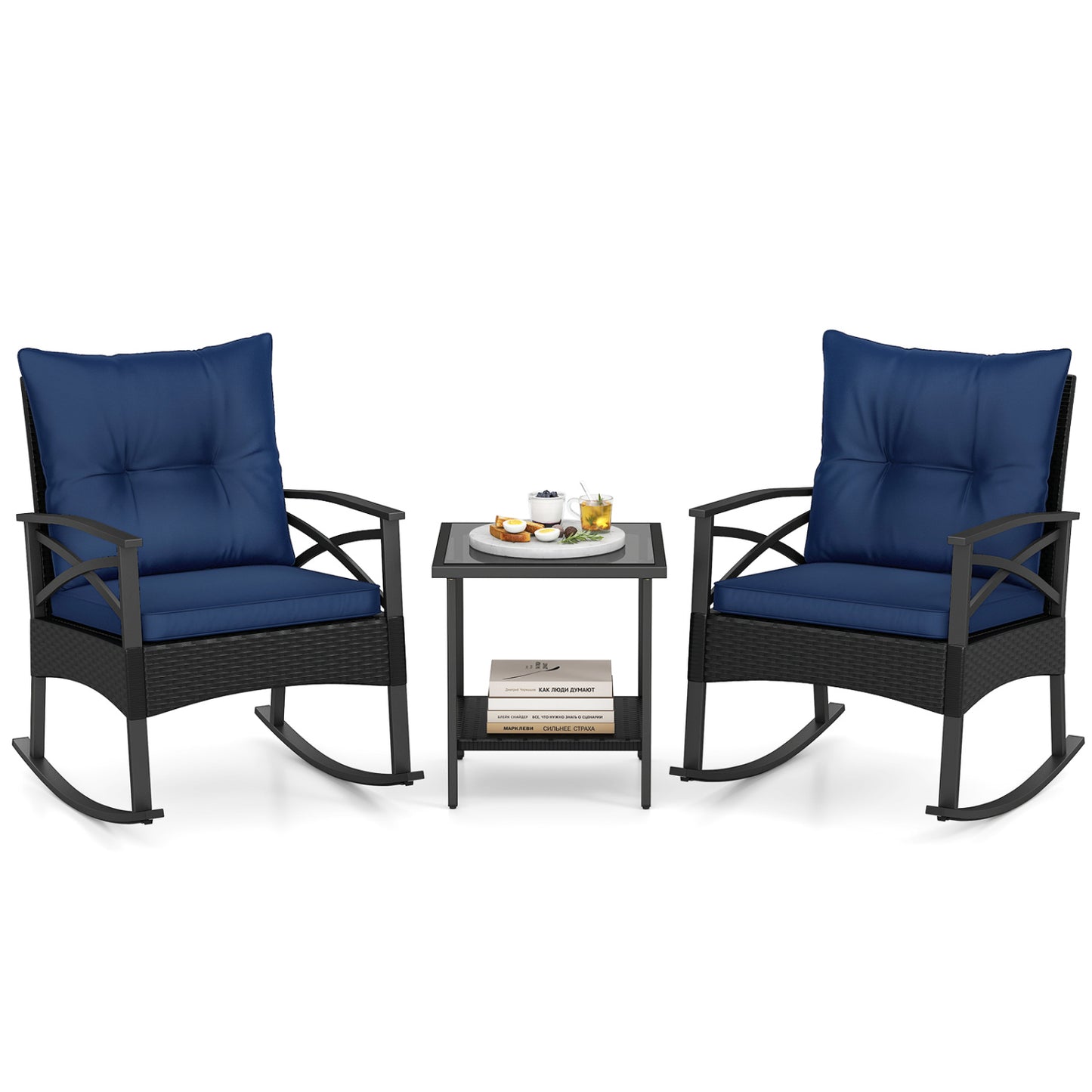 3 Pieces Outdoor Rattan Rocking Chairs Set with  2-Tier Side Table for Garden Backyard-Black