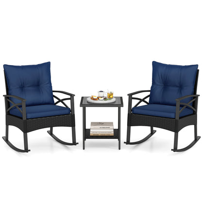 3 Pieces Outdoor Rattan Rocking Chairs Set with  2-Tier Side Table for Garden Backyard-Black