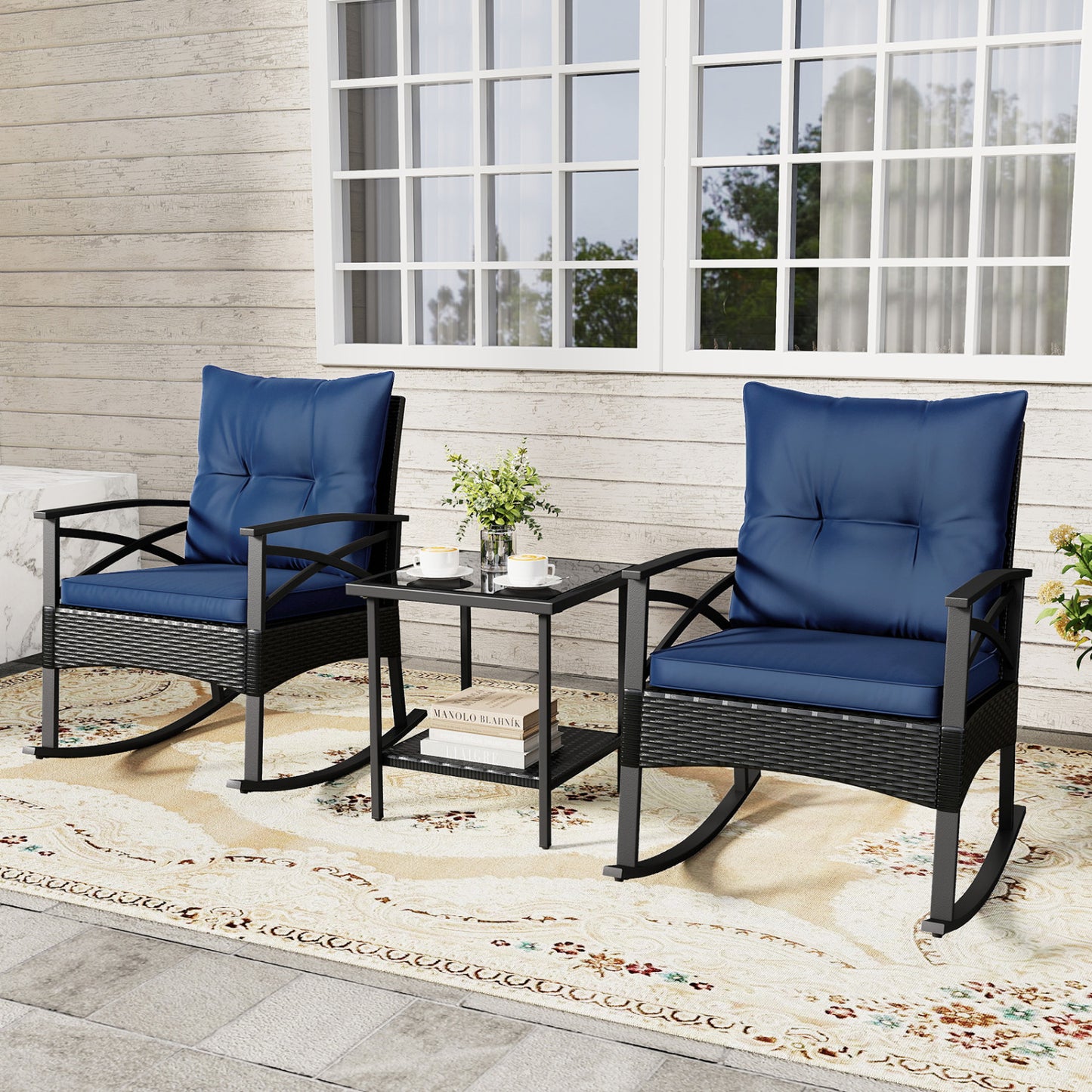 3 Pieces Outdoor Rattan Rocking Chairs Set with  2-Tier Side Table for Garden Backyard-Black