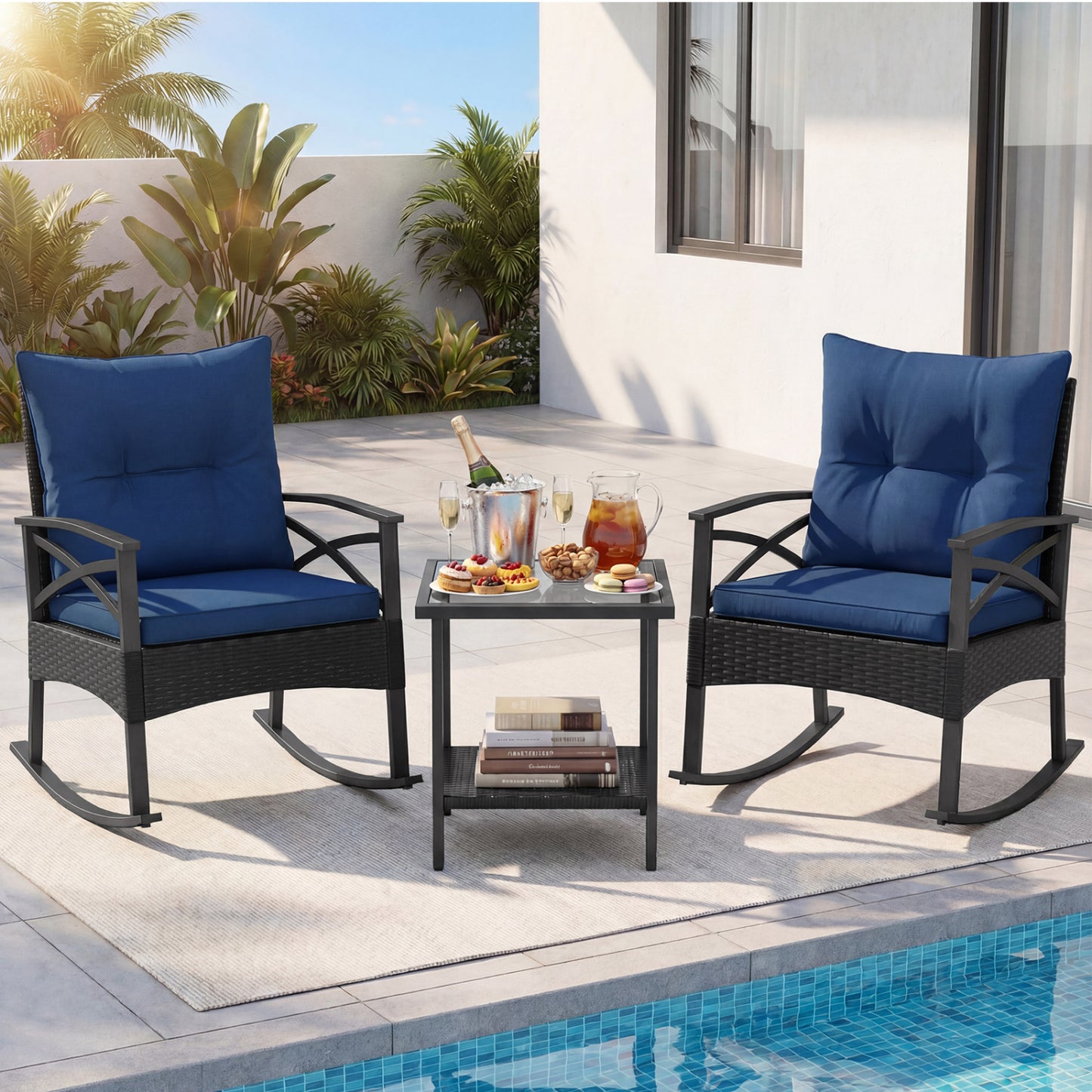 3 Pieces Outdoor Rattan Rocking Chairs Set with  2-Tier Side Table for Garden Backyard-Black