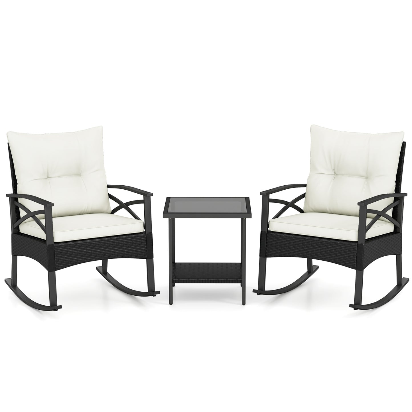 3 Pieces Outdoor Rattan Rocking Chairs Set with  2-Tier Side Table for Garden Backyard-Black
