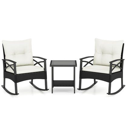 3 Pieces Outdoor Rattan Rocking Chairs Set with  2-Tier Side Table for Garden Backyard-Black
