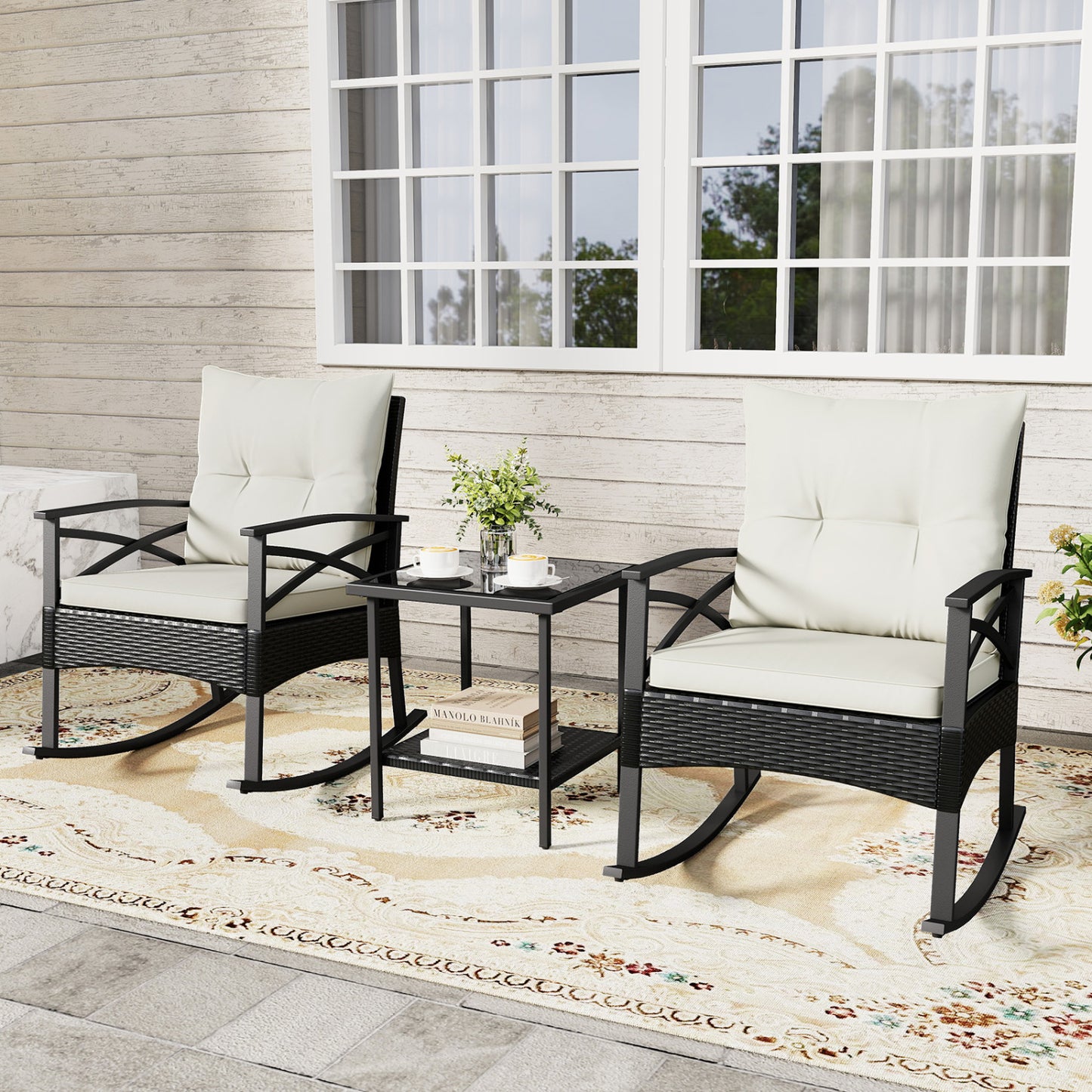 3 Pieces Outdoor Rattan Rocking Chairs Set with  2-Tier Side Table for Garden Backyard-Black