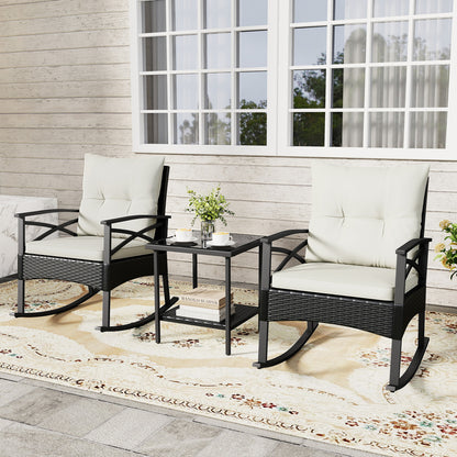 3 Pieces Outdoor Rattan Rocking Chairs Set with  2-Tier Side Table for Garden Backyard-Black