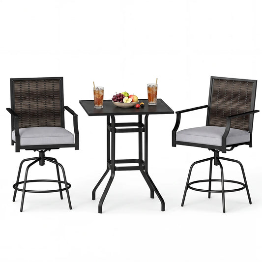 3 Pieces Outdoor Swivel Bar Set High Top Patio Bar Table and Rattan Wicker Chairs
