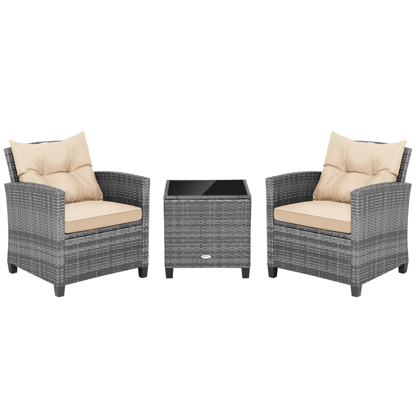 3 Pieces Outdoor Wicker Conversation Set with Tempered Glass Tabletop-Beige