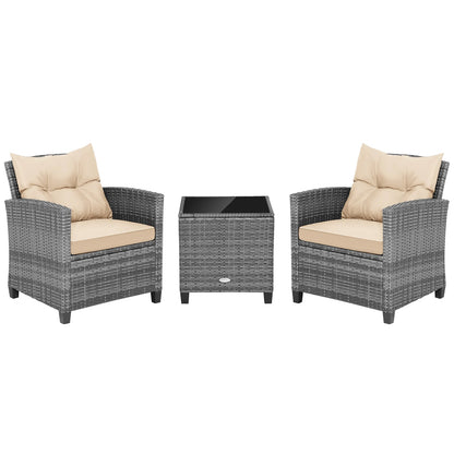 3 Pieces Outdoor Wicker Conversation Set with Tempered Glass Tabletop-Beige