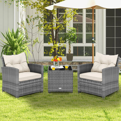 3 Pieces Outdoor Wicker Conversation Set with Tempered Glass Tabletop-Beige