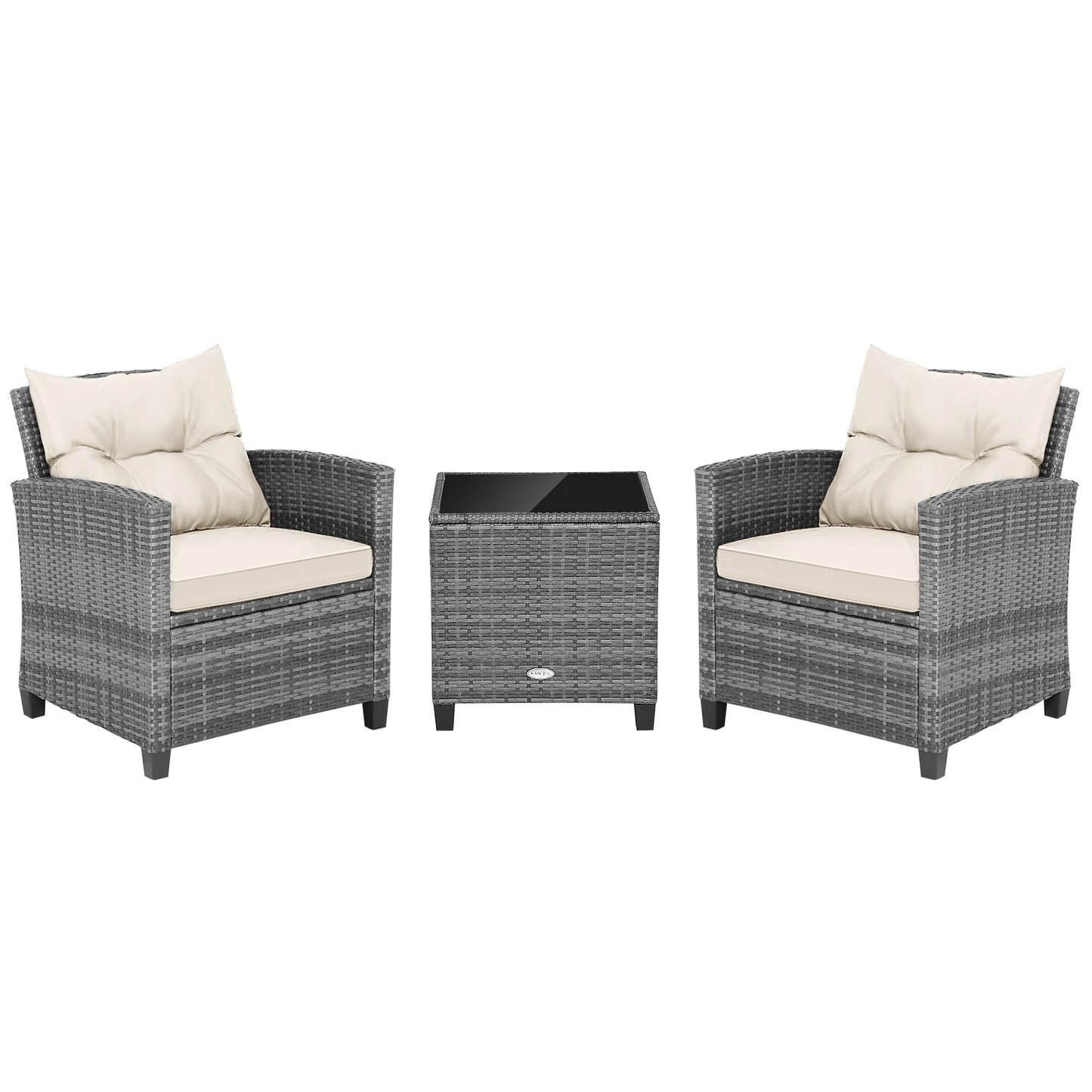 3 Pieces Outdoor Wicker Conversation Set with Tempered Glass Tabletop-Beige