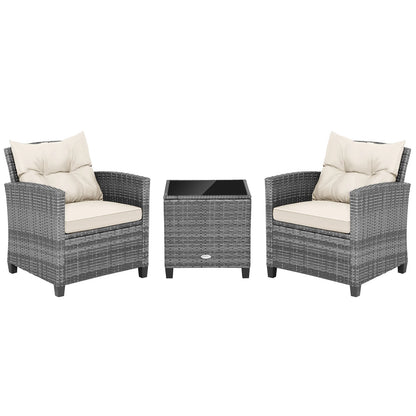3 Pieces Outdoor Wicker Conversation Set with Tempered Glass Tabletop-Beige