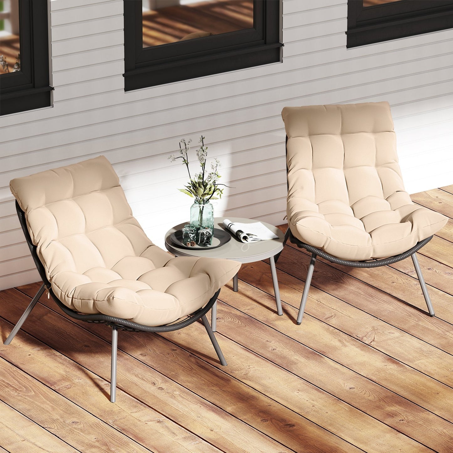 3 Pieces PE Rattan Conversation Set with Cushioned Papasan Chairs-Beige