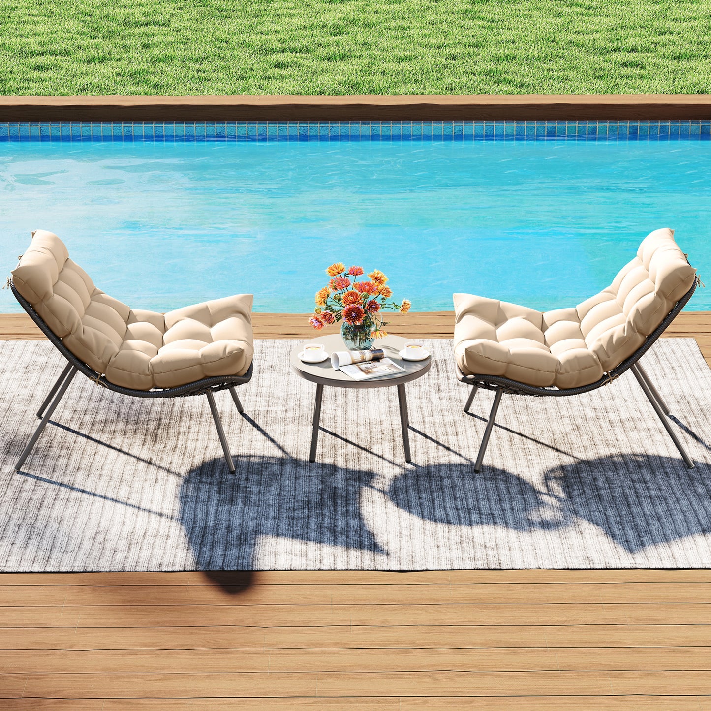 3 Pieces PE Rattan Conversation Set with Cushioned Papasan Chairs-Beige
