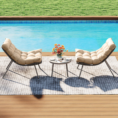 3 Pieces PE Rattan Conversation Set with Cushioned Papasan Chairs-Beige