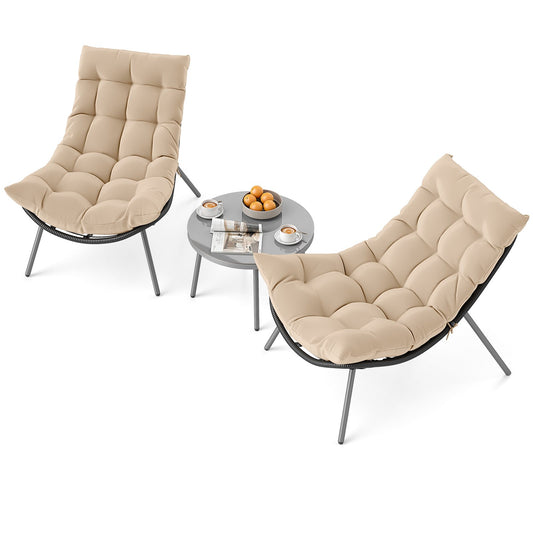 3 Pieces PE Rattan Conversation Set with Cushioned Papasan Chairs-Beige