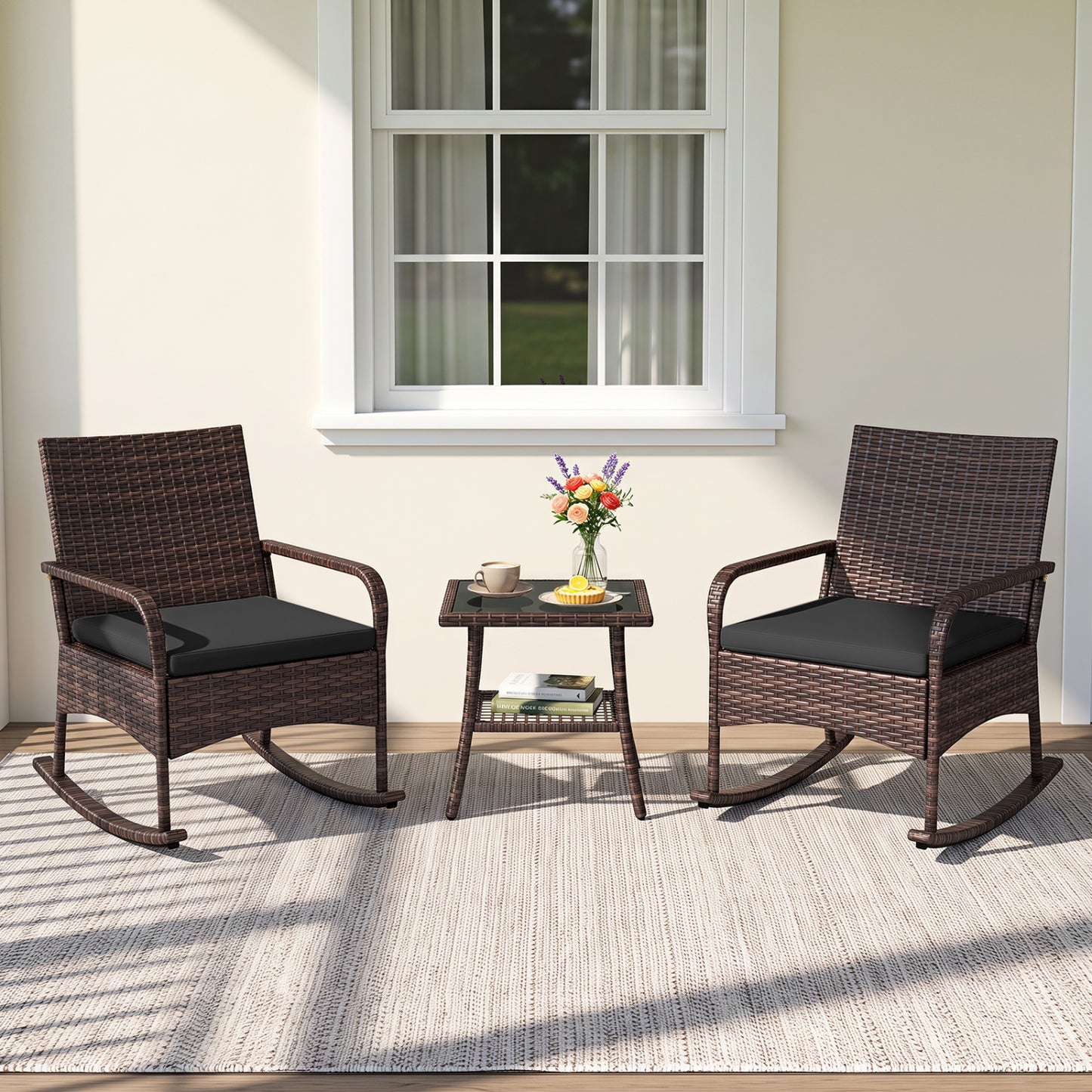 3 Pieces PE Wicker Rocking Bistro Set with 2-Tier Side Table Cushions and Ergonomic Armchairs for Porch-Black