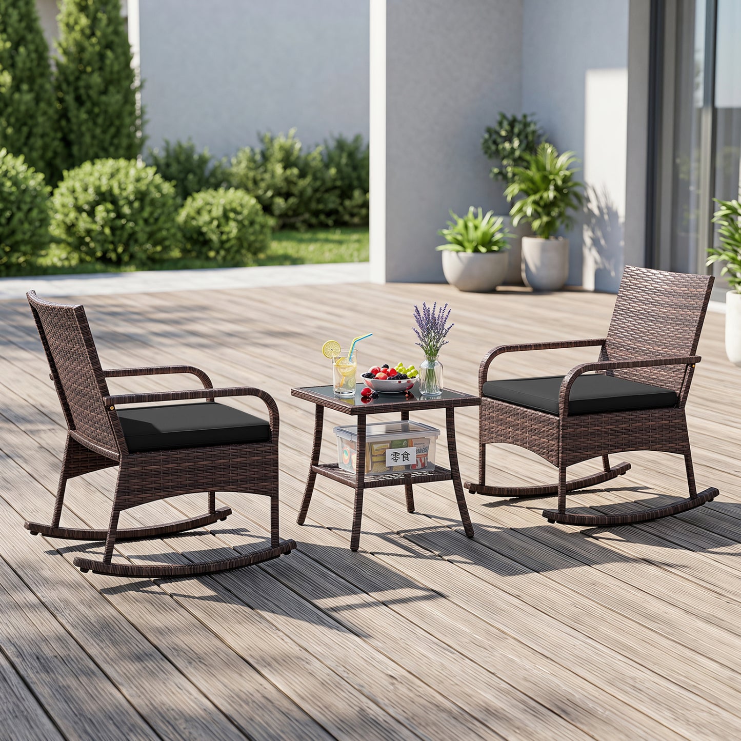 3 Pieces PE Wicker Rocking Bistro Set with 2-Tier Side Table Cushions and Ergonomic Armchairs for Porch-Black