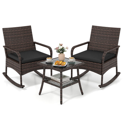 3 Pieces PE Wicker Rocking Bistro Set with 2-Tier Side Table Cushions and Ergonomic Armchairs for Porch-Black