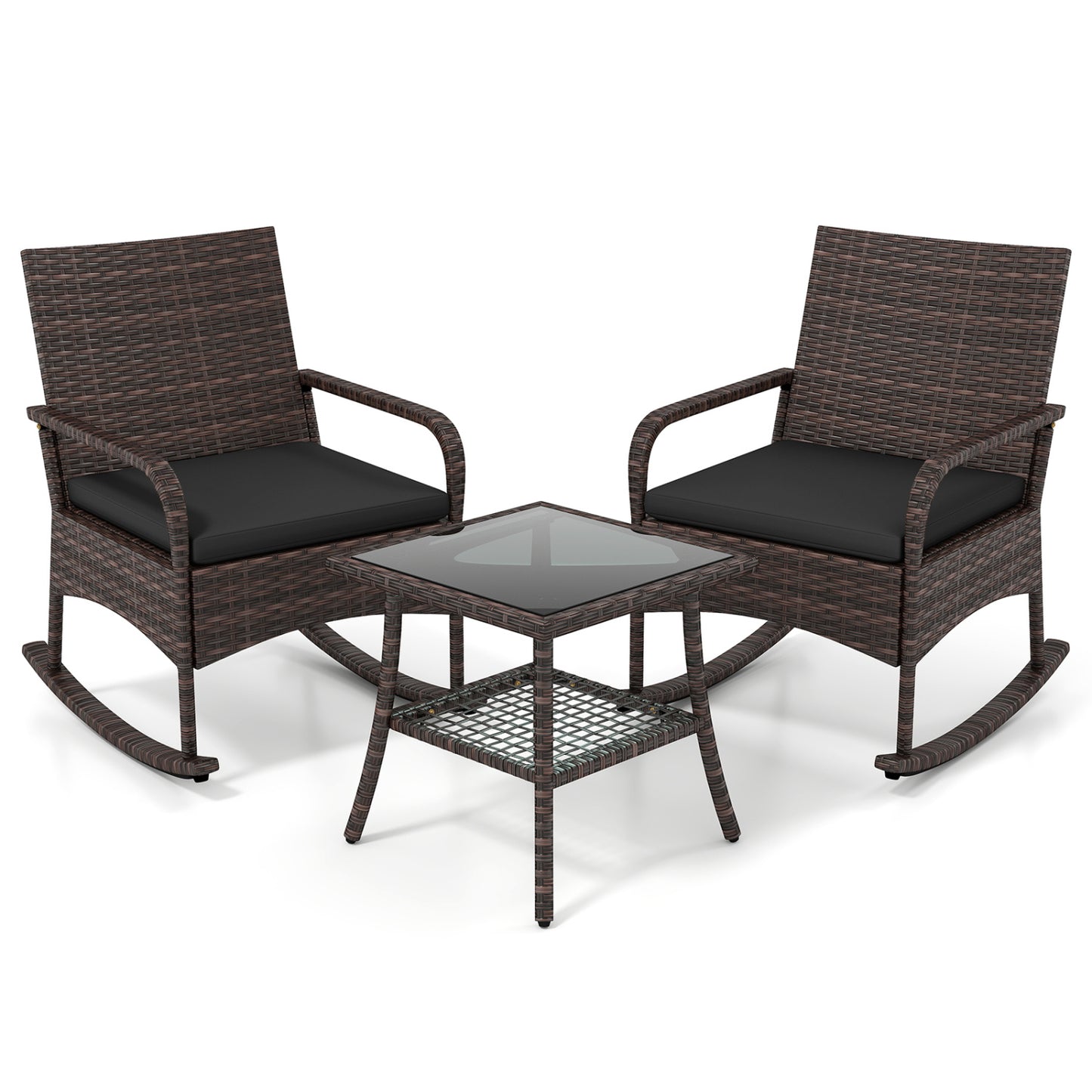 3 Pieces PE Wicker Rocking Bistro Set with 2-Tier Side Table Cushions and Ergonomic Armchairs for Porch-Black