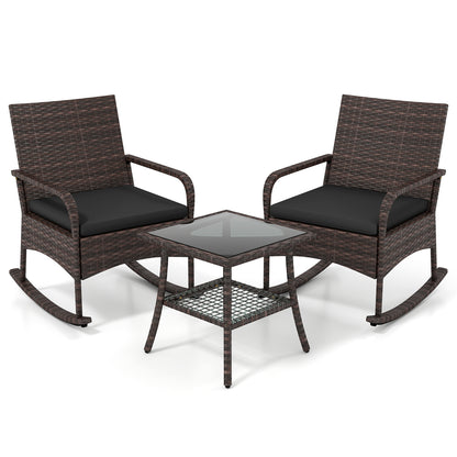 3 Pieces PE Wicker Rocking Bistro Set with 2-Tier Side Table Cushions and Ergonomic Armchairs for Porch-Black