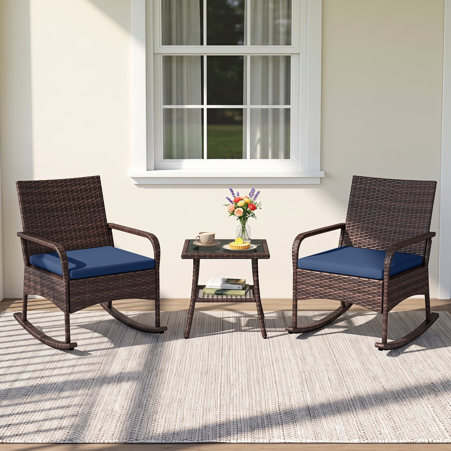 3 Pieces PE Wicker Rocking Bistro Set with 2-Tier Side Table Cushions and Ergonomic Armchairs for Porch-Black