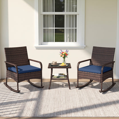 3 Pieces PE Wicker Rocking Bistro Set with 2-Tier Side Table Cushions and Ergonomic Armchairs for Porch-Black