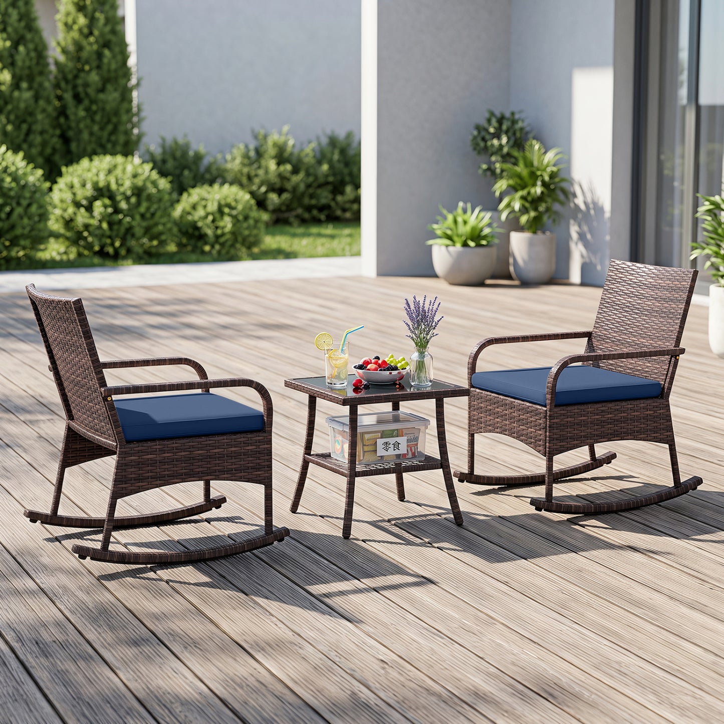 3 Pieces PE Wicker Rocking Bistro Set with 2-Tier Side Table Cushions and Ergonomic Armchairs for Porch-Black