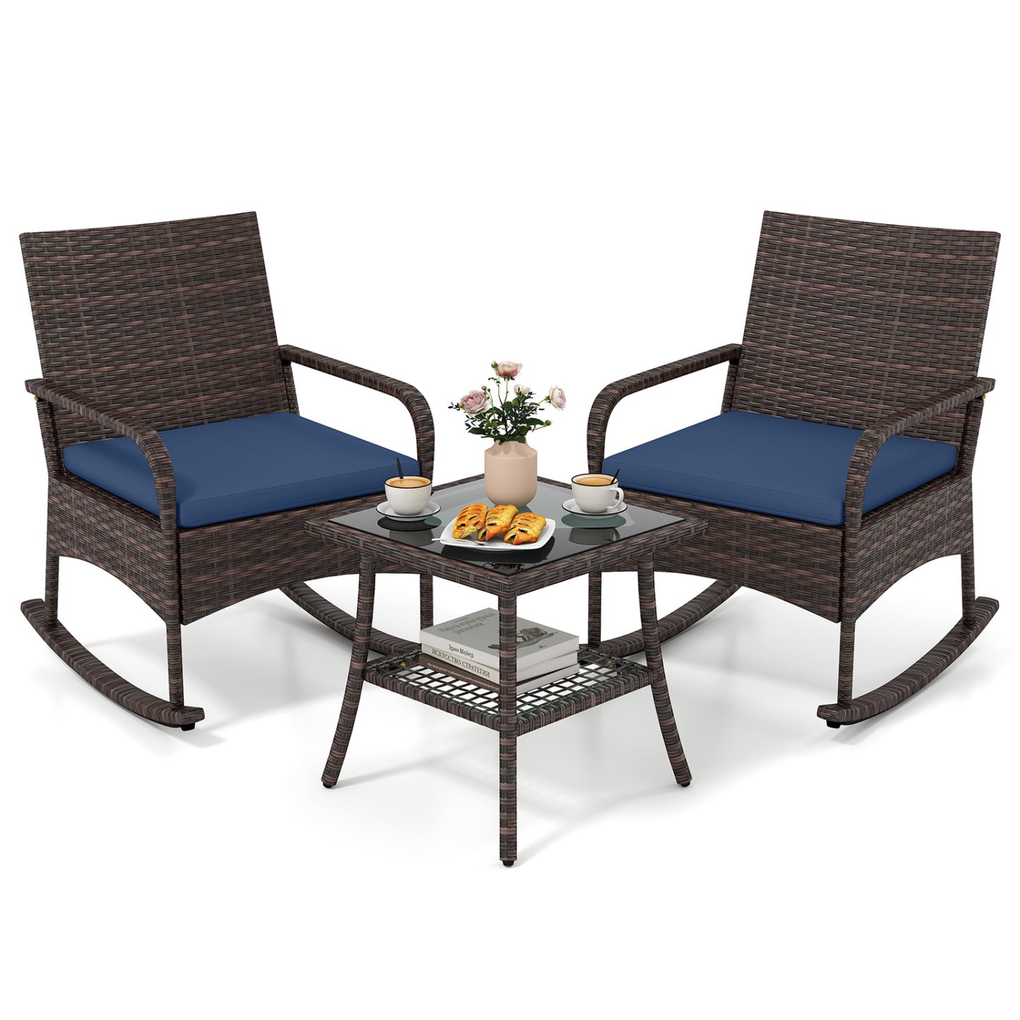 3 Pieces PE Wicker Rocking Bistro Set with 2-Tier Side Table Cushions and Ergonomic Armchairs for Porch-Black