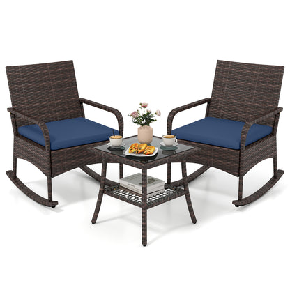 3 Pieces PE Wicker Rocking Bistro Set with 2-Tier Side Table Cushions and Ergonomic Armchairs for Porch-Black