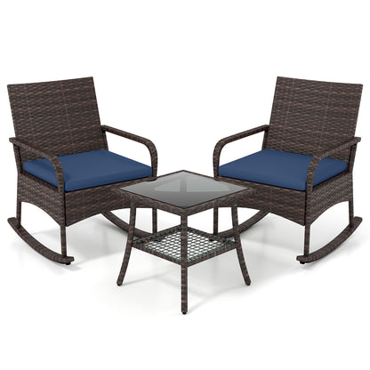 3 Pieces PE Wicker Rocking Bistro Set with 2-Tier Side Table Cushions and Ergonomic Armchairs for Porch-Black