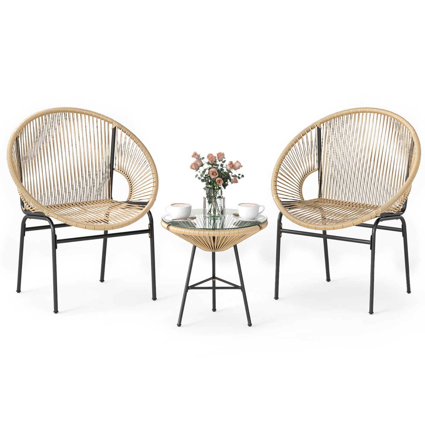 3 Pieces Patio Acapulco Furniture Bistro Set with Glass Table-Brown