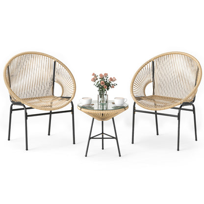 3 Pieces Patio Acapulco Furniture Bistro Set with Glass Table-Brown