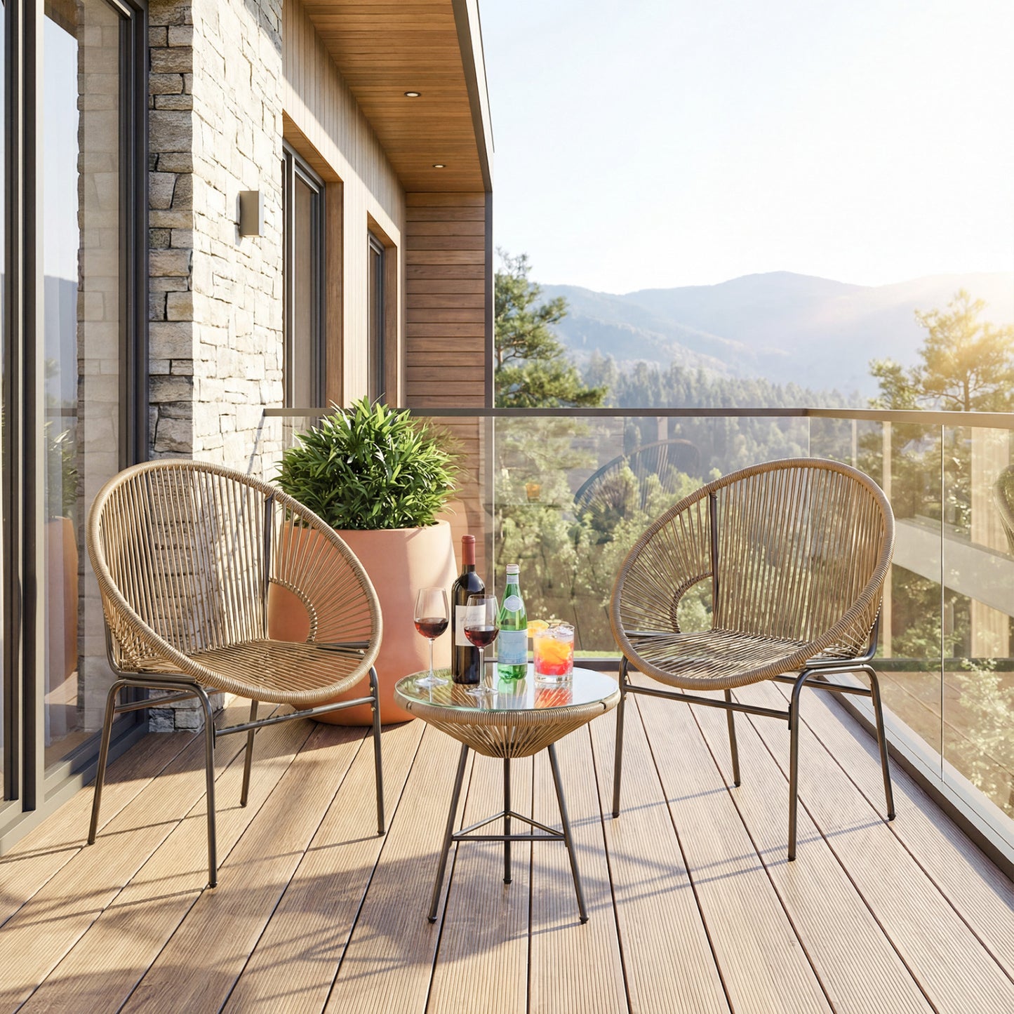 3 Pieces Patio Acapulco Furniture Bistro Set with Glass Table-Brown