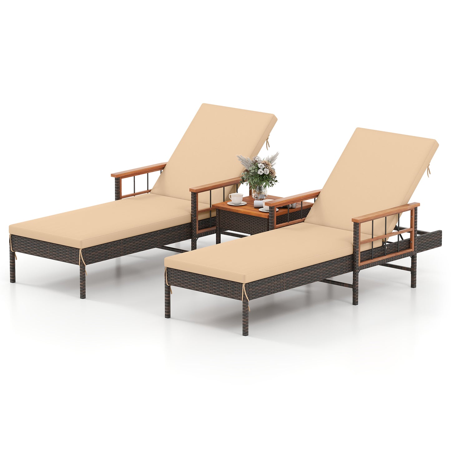 3 Pieces Patio Chaise Lounge Set for Poolside Backyard Porch