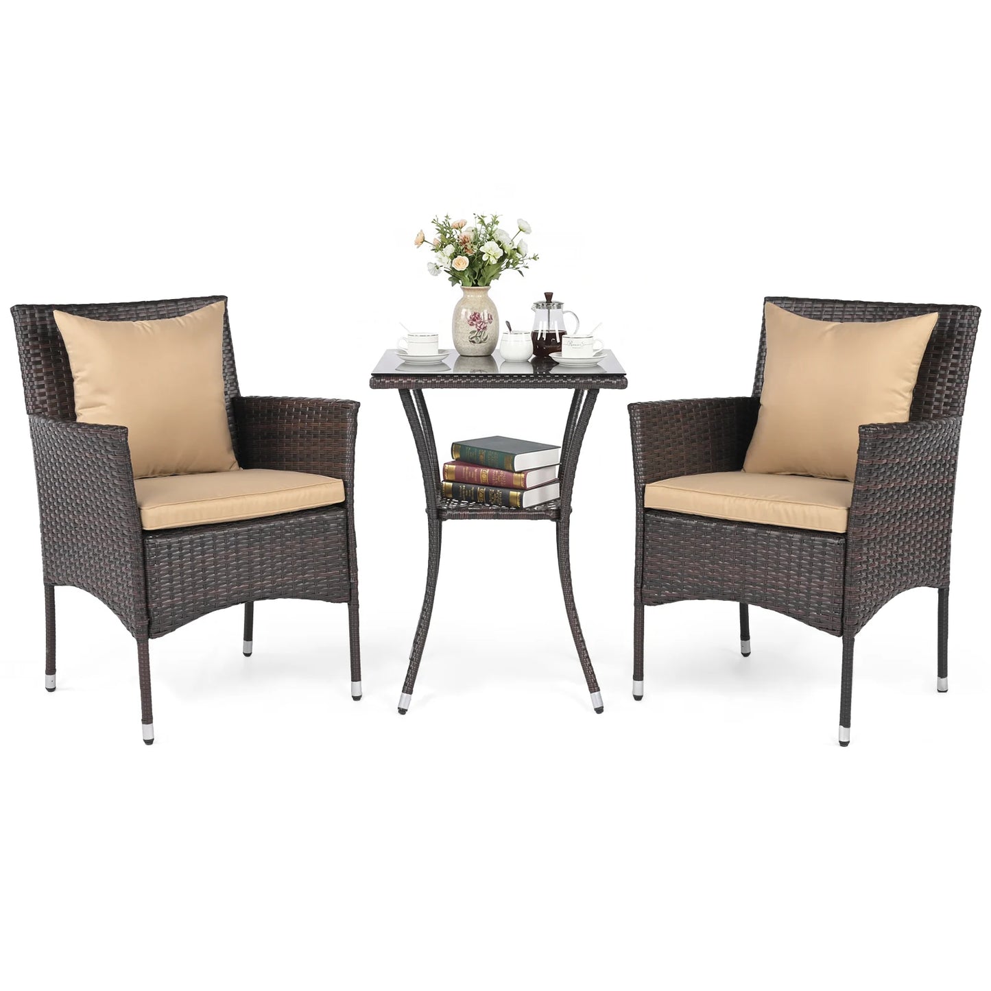 3 Pieces Patio Furniture Set with Cushioned Patio Chairs and Tempered Glass Coffee Table-Brown