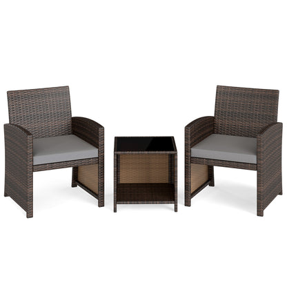 3 Pieces Patio Furniture Set with Tempered Glass Coffee Table and Soft Seat Cushions-Brown