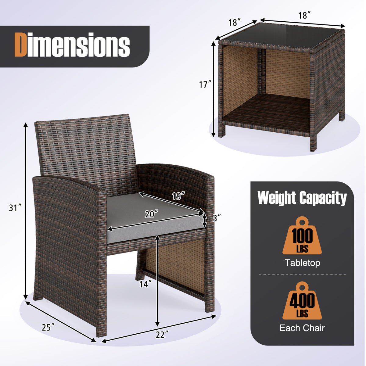 3 Pieces Patio Furniture Set with Tempered Glass Coffee Table and Soft Seat Cushions-Brown