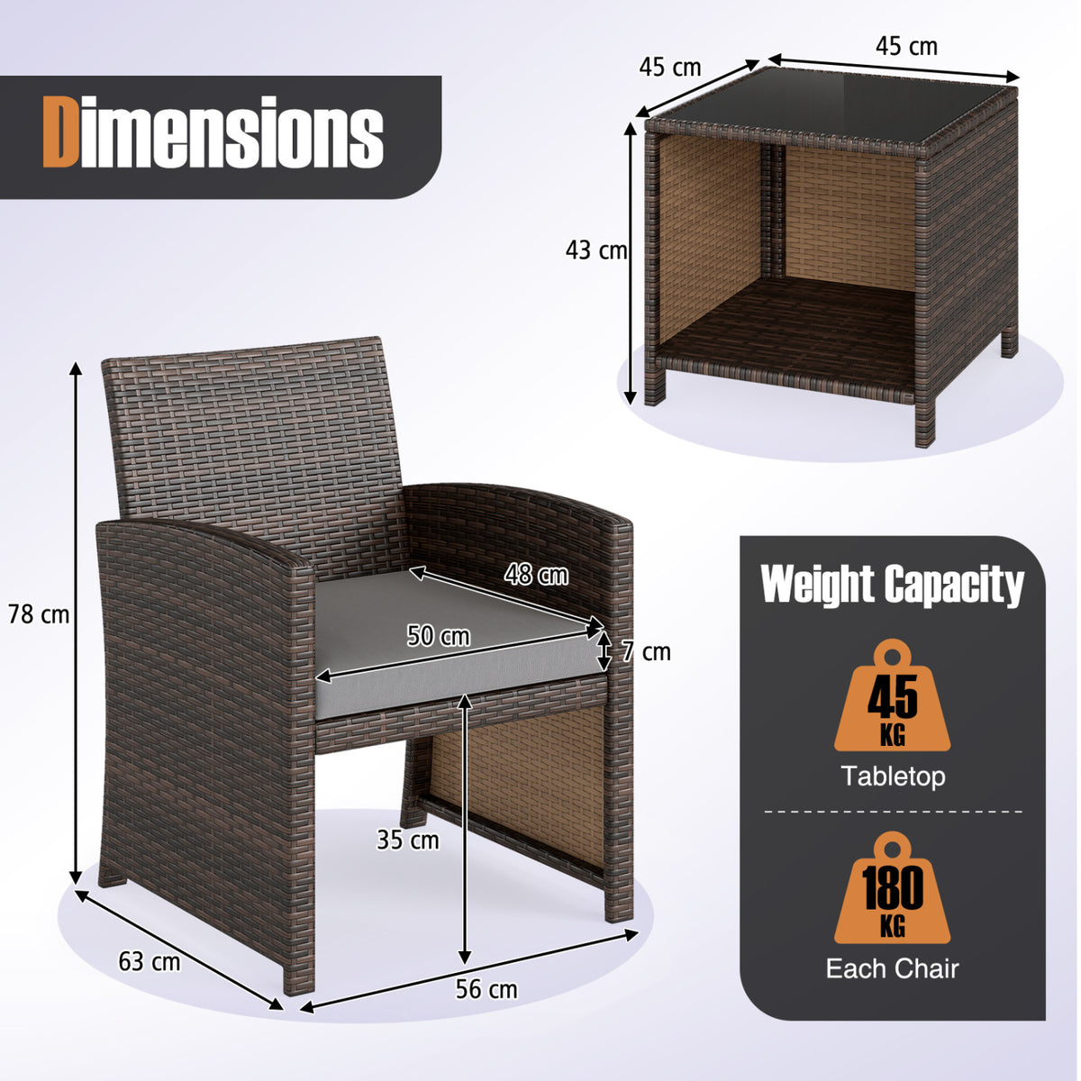 3 Pieces Patio Furniture Set with Tempered Glass Coffee Table and Soft Seat Cushions-Brown