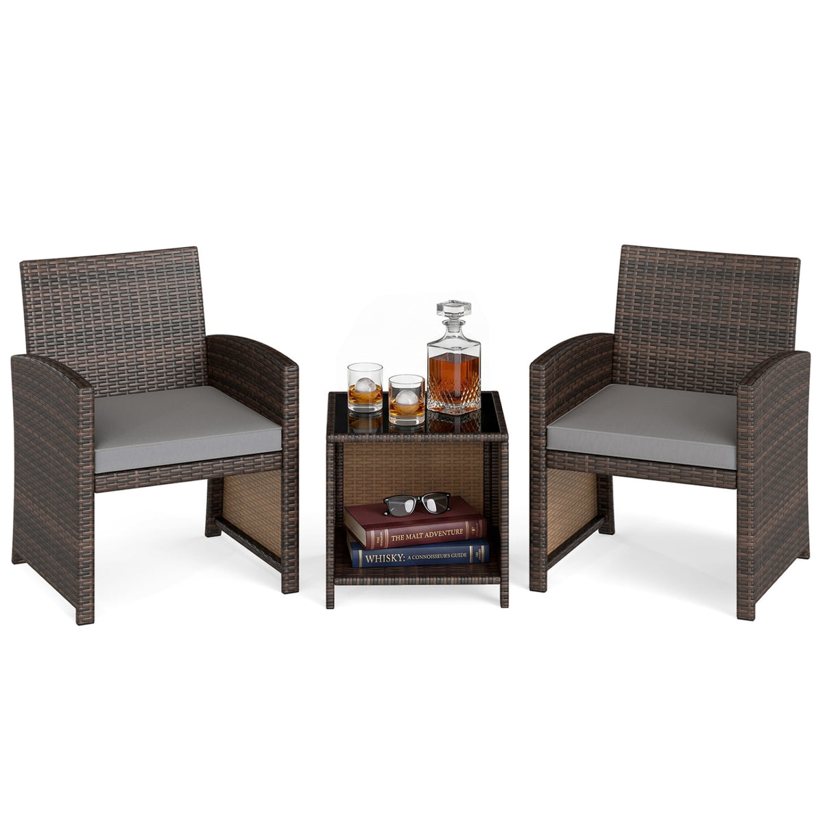 3 Pieces Patio Furniture Set with Tempered Glass Coffee Table and Soft Seat Cushions-Brown