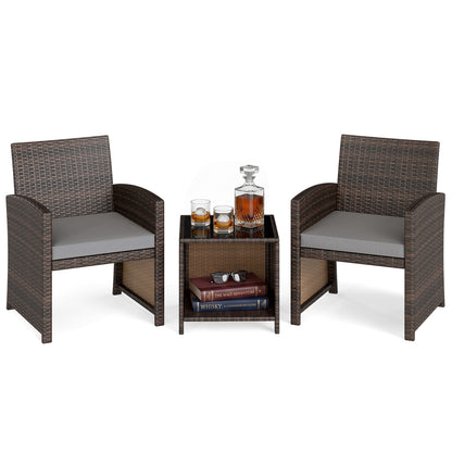 3 Pieces Patio Furniture Set with Tempered Glass Coffee Table and Soft Seat Cushions-Brown