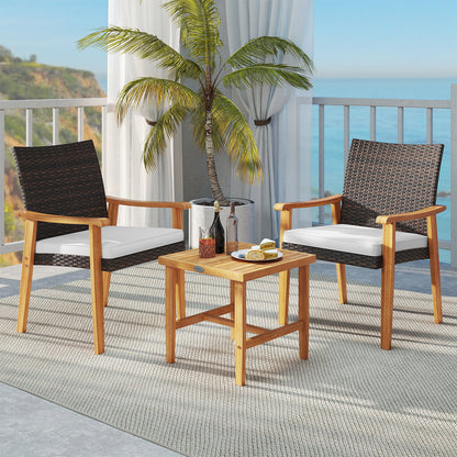 3 Pieces Patio PE Wicker Furniture Set Acacia Wood Outdoor Conversation Bistro Set-White
